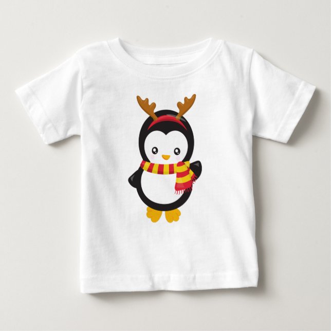 Christmas Penguin, Penguin With Scarf, Antlers Baby T-Shirt (Front)