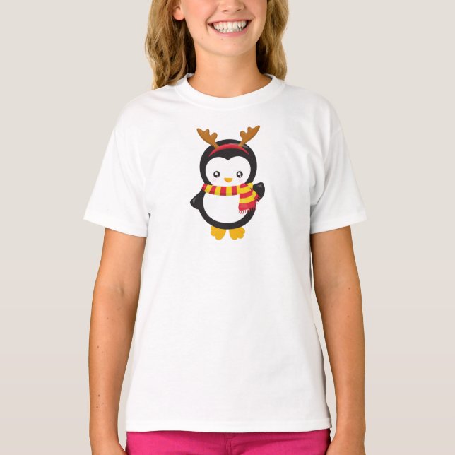 Christmas Penguin, Penguin With Scarf, Antlers T-Shirt (Front)