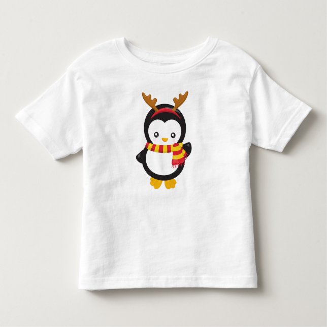 Christmas Penguin, Penguin With Scarf, Antlers Toddler T-Shirt (Front)