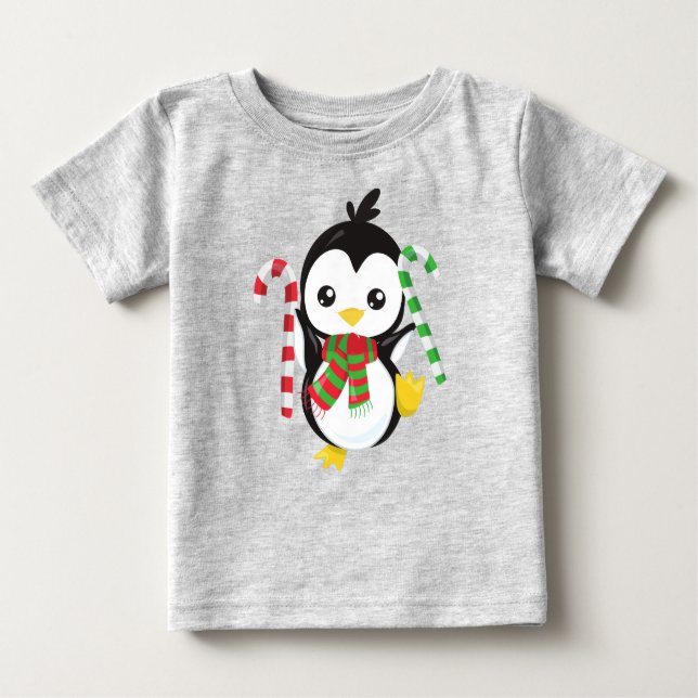 Christmas Penguin, Penguin With Scarf, Candy Cane Baby T-Shirt (Front)