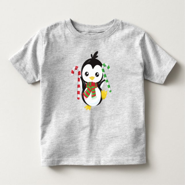 Christmas Penguin, Penguin With Scarf, Candy Cane Toddler T-Shirt (Front)