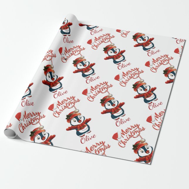 Christmas Penguin | Personalised Wrapping Paper (Unrolled)