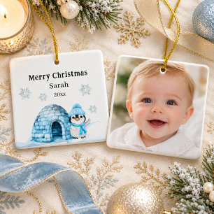 Christmas penguin photo winter child ceramic ornament
