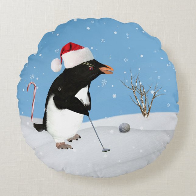 Christmas, Penguin Playing Golf Round Cushion (Front)