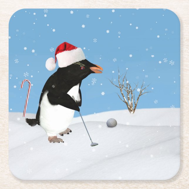 Christmas, Penguin Playing Golf Square Paper Coaster (Front)