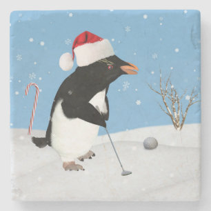 Christmas, Penguin Playing Golf Stone Coaster