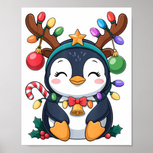Christmas Penguin Reindeer Lights Holiday Animal K Poster