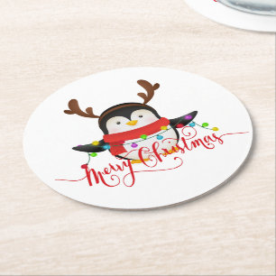 Christmas penguin round paper coaster