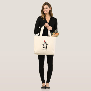 Christmas Penguin Santa hat Personalised Large Tote Bag