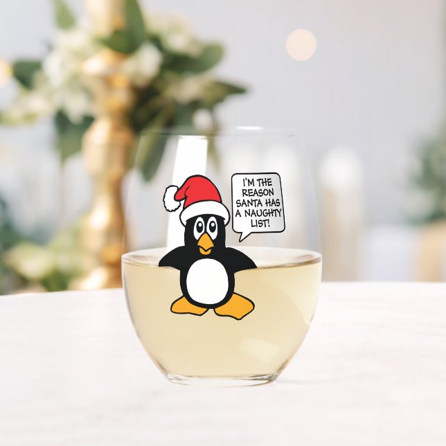 Christmas Penguin Santa Naughty List Stemless Wine Glass (Insitu (Wedding))