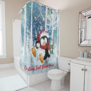 Christmas Penguin Shower Curtain with Custom Text