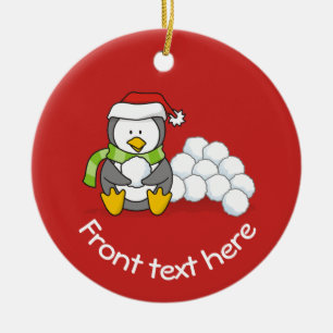 Christmas penguin sitting with snow balls ceramic ornament