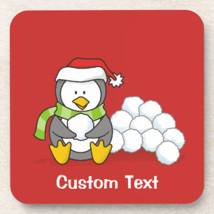 Christmas penguin sitting with snow balls coaster