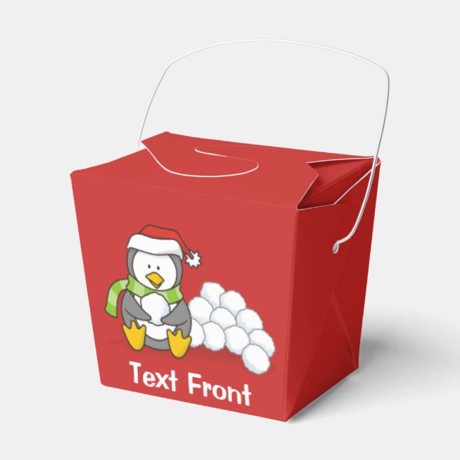 Christmas penguin sitting with snow balls favour box (Front Side)