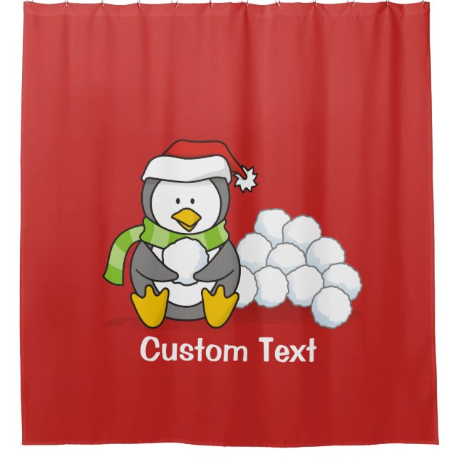 Christmas penguin sitting with snow balls shower curtain (Front)