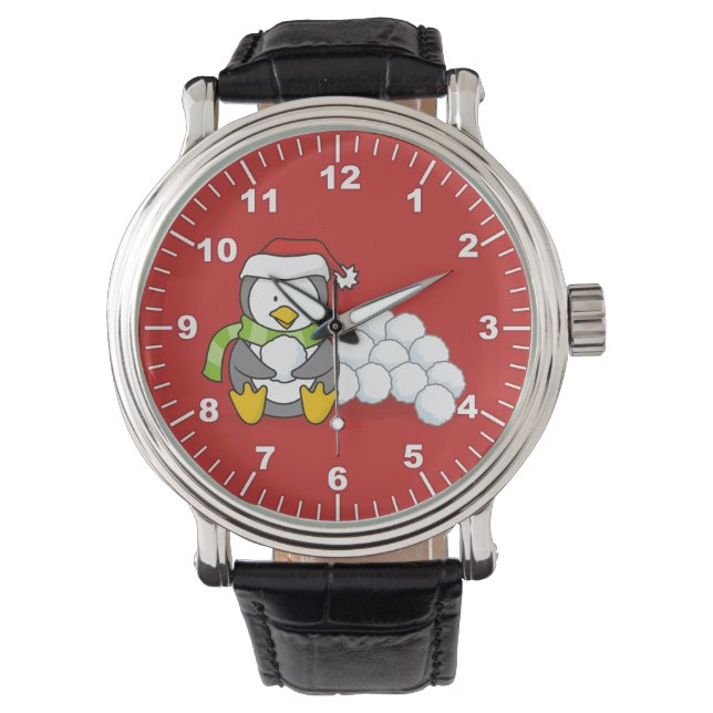Christmas penguin sitting with snow balls watch (Front)