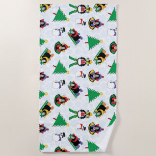 Christmas penguin skiing beach towel