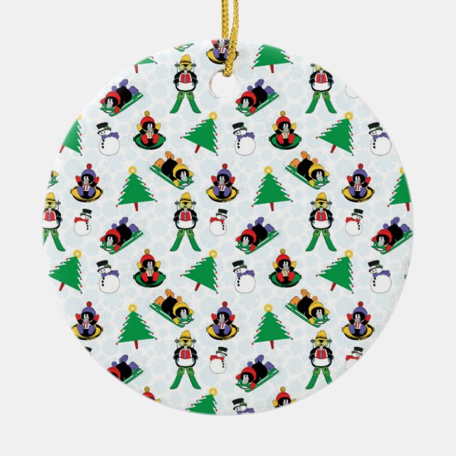 Christmas penguin skiing ceramic ornament (Front)
