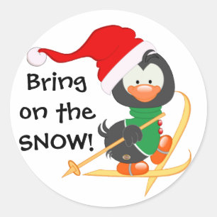 Christmas Penguin Skiing Snow Classic Round Sticker