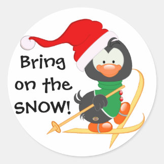 Christmas Penguin Skiing Snow Classic Round Sticker