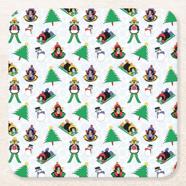 Christmas penguin skiing square paper coaster (Front)