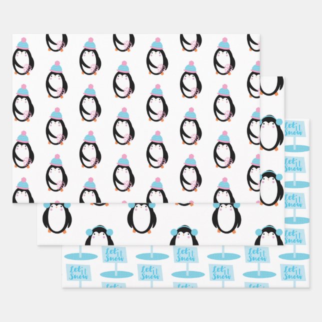 Christmas Penguin Snowflakes Whimsical Wrapping Paper Sheet (Set)