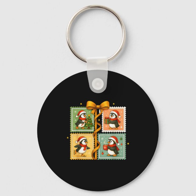 Christmas Penguin Stamp Collage  Key Ring (Front)