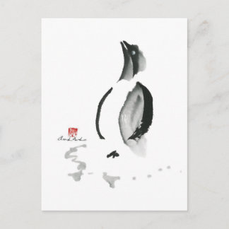 Christmas Penguin, Sumi-e Holiday Postcard
