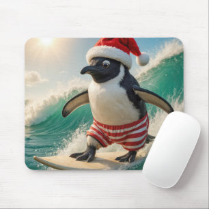 Christmas Penguin Surfing On an Ocean Wave Mouse Pad