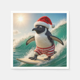 Christmas Penguin Surfing On an Ocean Wave Napkin