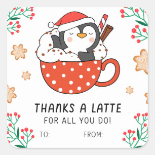Christmas Penguin Thanks a Latte Square Sticker