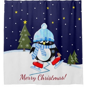 Christmas penguin trying to skate + custom text shower curtain