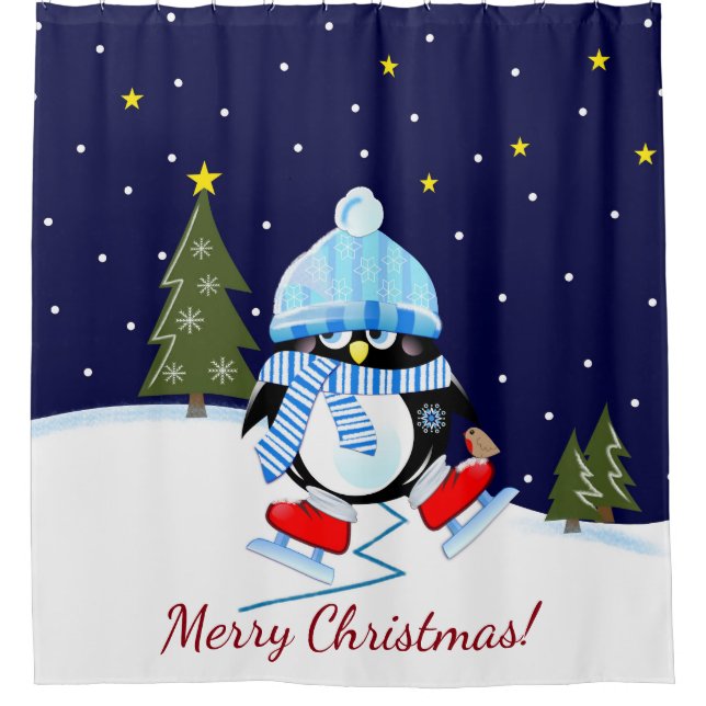 Christmas penguin trying to skate + custom text shower curtain (Front)