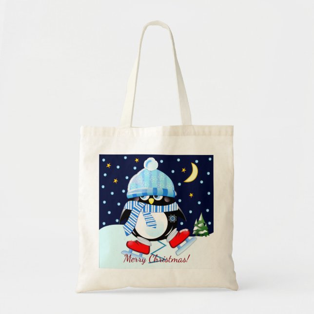 Christmas penguin trying to skate + custom text tote bag (Front)