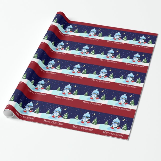 Christmas penguin trying to skate + custom text wrapping paper (Unrolled)