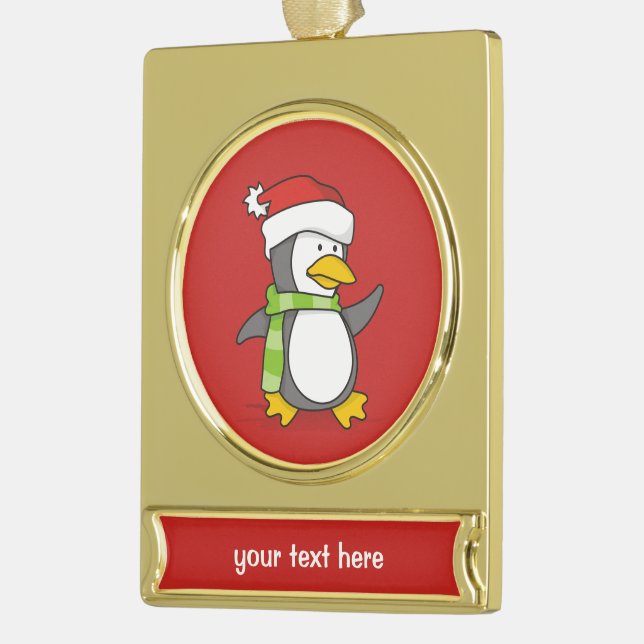 Christmas penguin walking on snow gold plated banner ornament (Left)