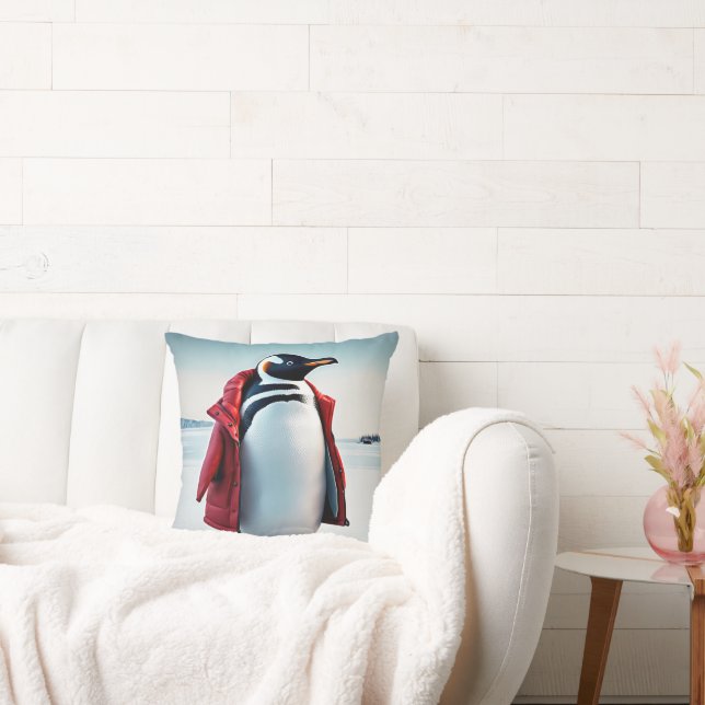 Christmas Penguin Wearing a Red Coat Cushion (Couch)