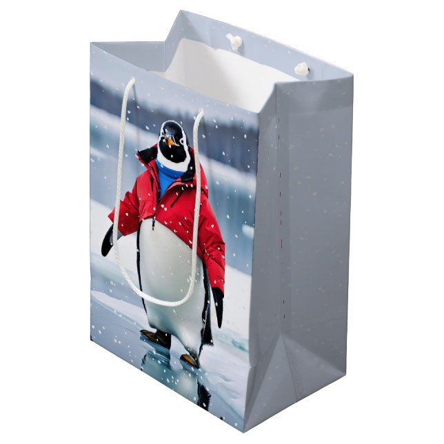 Christmas Penguin Wearing a Red Coat Medium Gift Bag (Front Angled)