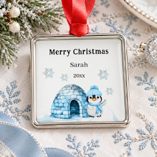 Christmas penguin winter child cute blue white metal ornament