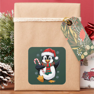 Christmas penguin with Bonnet and Sugar Cane Square Sticker