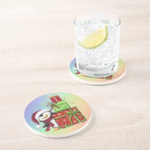 Christmas Penguin with Gifts - Festive Fun Decor Coaster