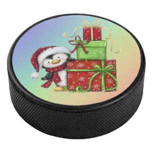 Christmas Penguin with Gifts - Festive Fun Decor Hockey Puck