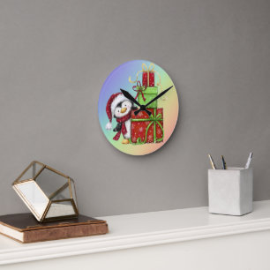 Christmas Penguin with Gifts - Festive Fun Decor Round Clock