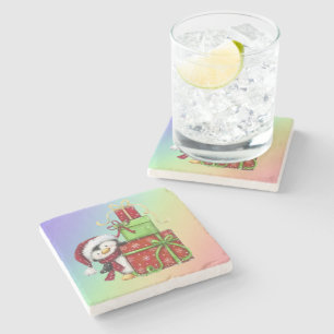 Christmas Penguin with Gifts - Festive Fun Decor Stone Coaster