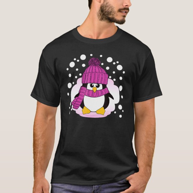 Christmas Penguin With Pink Hat And Scarf Stocking T-Shirt (Front)