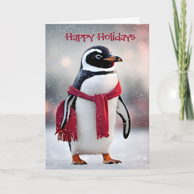 Christmas Penguin With Red Scarf Holiday Card (Front)
