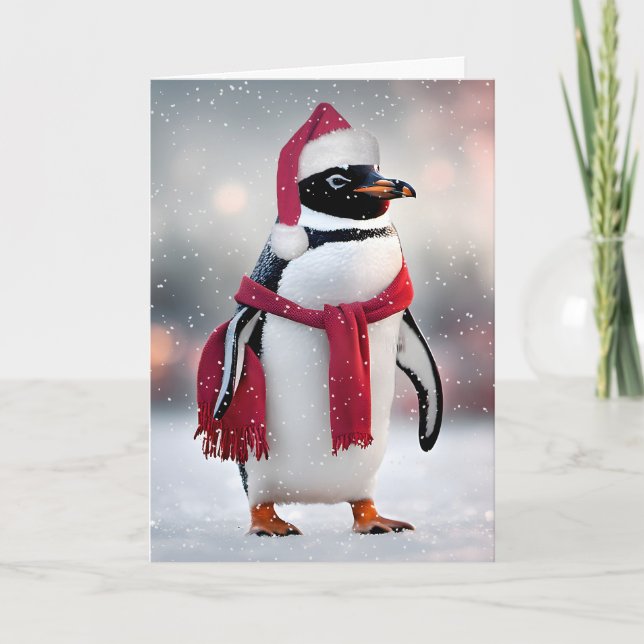 Christmas Penguin With Santa Cap Holiday Card (Front)