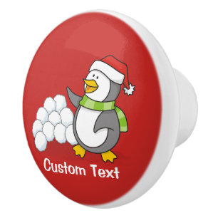 Christmas penguin with snow balls waving ceramic knob