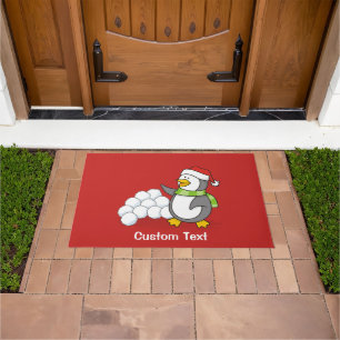 Christmas penguin with snow balls waving doormat