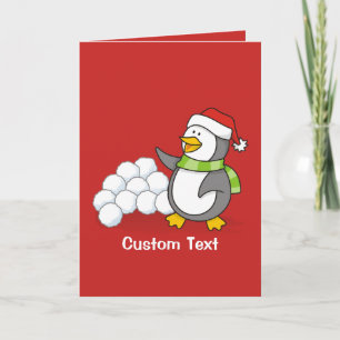 Christmas penguin with snow balls waving holiday card